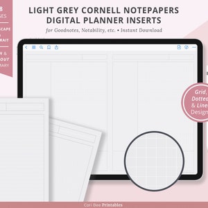 May include: A digital planner insert for Goodnotes, Notability, and other note-taking apps. The insert features a light gray Cornell notepaper design with grid, dotted, and lined options. The insert is available in landscape and portrait orientations, with and without a summary section. There are 28 pages in total.
