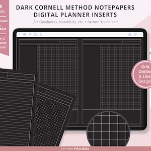 Puede incluir: Un inserto de planificador digital para las aplicaciones Goodnotes y Notability. La imagen muestra un fondo negro con diseños blancos en cuadrícula, punteados y rayados. El texto "Grid, Dotted, & Lined Designs" es visible en la imagen.