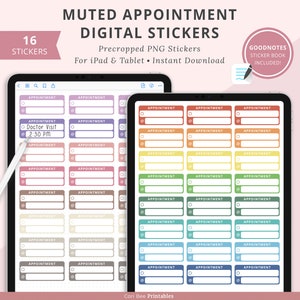 Könnte beinhalten: Ein digitales Sticker-Set für iPad und Tablet mit 16 gedeckten farbigen Terminfeldern mit einem Kontrollkästchen und Platz für Text. Der Text "Goodnotes Sticker Book Included!" befindet sich in der oberen rechten Ecke des Bildes.