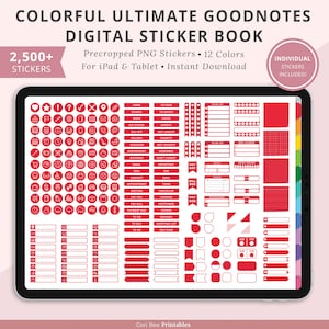 May include: A digital sticker book for Goodnotes with over 2,500 pre-cropped PNG stickers in 12 colors. The stickers are red and white and include icons, banners, and labels. The stickers are designed for use with an iPad and tablet.