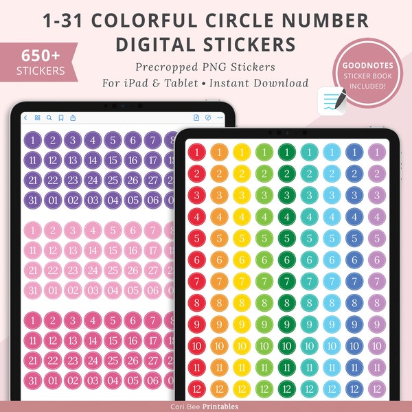 Colorful 1-31 Circle Number Digital Stickers, 1-31 Date stickers, 1-31 Number Stickers, Digital Planner Stickers, GoodNotes PNG Stickers