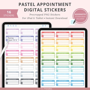 Könnte beinhalten: Ein Satz von 16 pastellfarbenen digitalen Planer-Stickern für iPad und Tablet. Die Sticker sind vorgefertigte PNG-Dateien und beinhalten eine Vielzahl von Termin- und Meeting-Etiketten. Der Text "GOODNOTES STICKER BOOK INCLUDED!" ist in der oberen rechten Ecke des Bildes sichtbar.