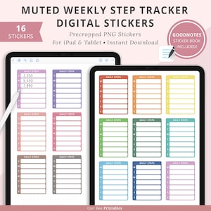 May include: A set of 16 digital stickers for a weekly step tracker. The stickers are precropped PNG files and are designed for use with iPad and tablets. The stickers feature a muted color palette and include a variety of colors, including pink, blue, green, orange, and brown. The stickers are designed to be used in a Goodnotes sticker book.