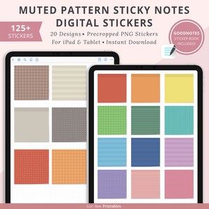 May include: A digital sticker pack for Goodnotes featuring 20 designs of muted patterned sticky notes. The notes are precropped and ready to use on an iPad or tablet. The pack includes 125+ stickers.