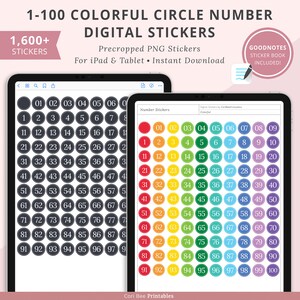May include: A digital sticker sheet with 100 colorful circle numbers, from 1 to 100. The numbers are in a grid format, with each circle containing a number. The circles are in different colors, with the numbers in white. The sticker sheet is designed for use with the Goodnotes app.