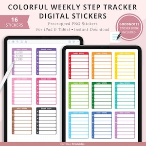 Colorido rastreador de pasos semanal GoodNotes pegatinas del planificador digital, pegatinas digitales para iPad, pegatinas de seguimiento de pasos semanales, rastreador de 10,000 pasos