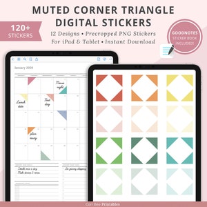 May include: A digital planner sticker set with 12 designs of muted corner triangles in various colours. The stickers are precropped PNG files for use with iPad and tablet apps. The text "GOODNOTES STICKER BOOK INCLUDED!" is visible in the image.
