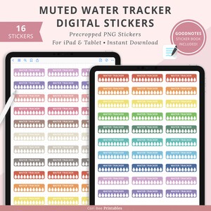 Può includere: Un foglio di adesivi digitali con 16 adesivi per il monitoraggio dell'acqua in colori tenui. Ogni adesivo ha il testo "Water Tracker" e una fila di 8 gocce d'acqua. Gli adesivi sono di vari colori, tra cui rosa, blu, verde, giallo e arancione.