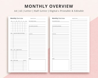 Editable Monthly Overview Printable Template, Month at a Glance, Monthly Planner, Fillable Monthly Printable Insert | A4 A5 Letter Half