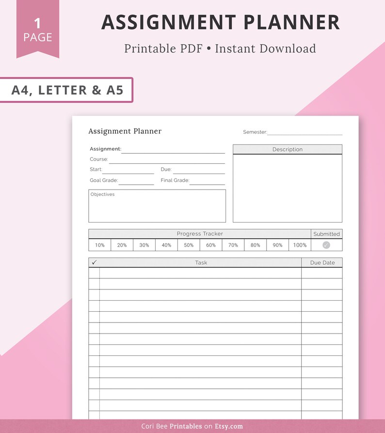 Puede incluir: Un planificador de tareas imprimible en blanco y negro con el t&iacute;tulo "Assignment Planner" y secciones para detalles de la tarea, curso, fecha de inicio, fecha de vencimiento, calificaci&oacute;n objetivo, calificaci&oacute;n final, objetivos, semestre, descripci&oacute;n, seguimiento del progreso, tarea y fecha de vencimiento.