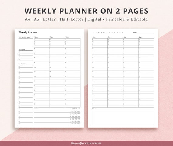 A5 Weekly Planner, 1 Page per Week, 2 Pages per Month, with Lines (Style D)