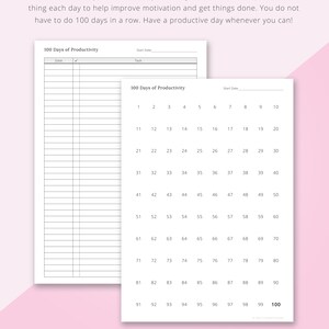 May include: A printable 100 Days of Productivity challenge tracker. The tracker is divided into 100 days, with each day numbered. The tracker is designed to help people stay motivated and productive.