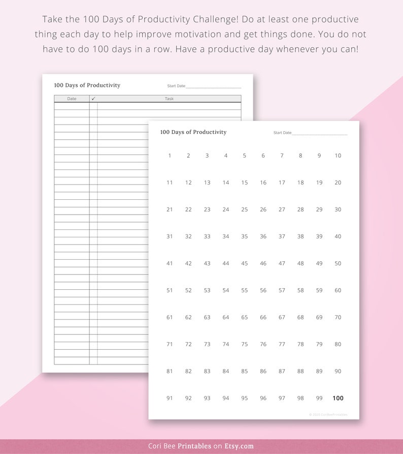 May include: A printable 100 Days of Productivity challenge tracker. The tracker is divided into 100 days, with each day numbered. The tracker is designed to help people stay motivated and productive.