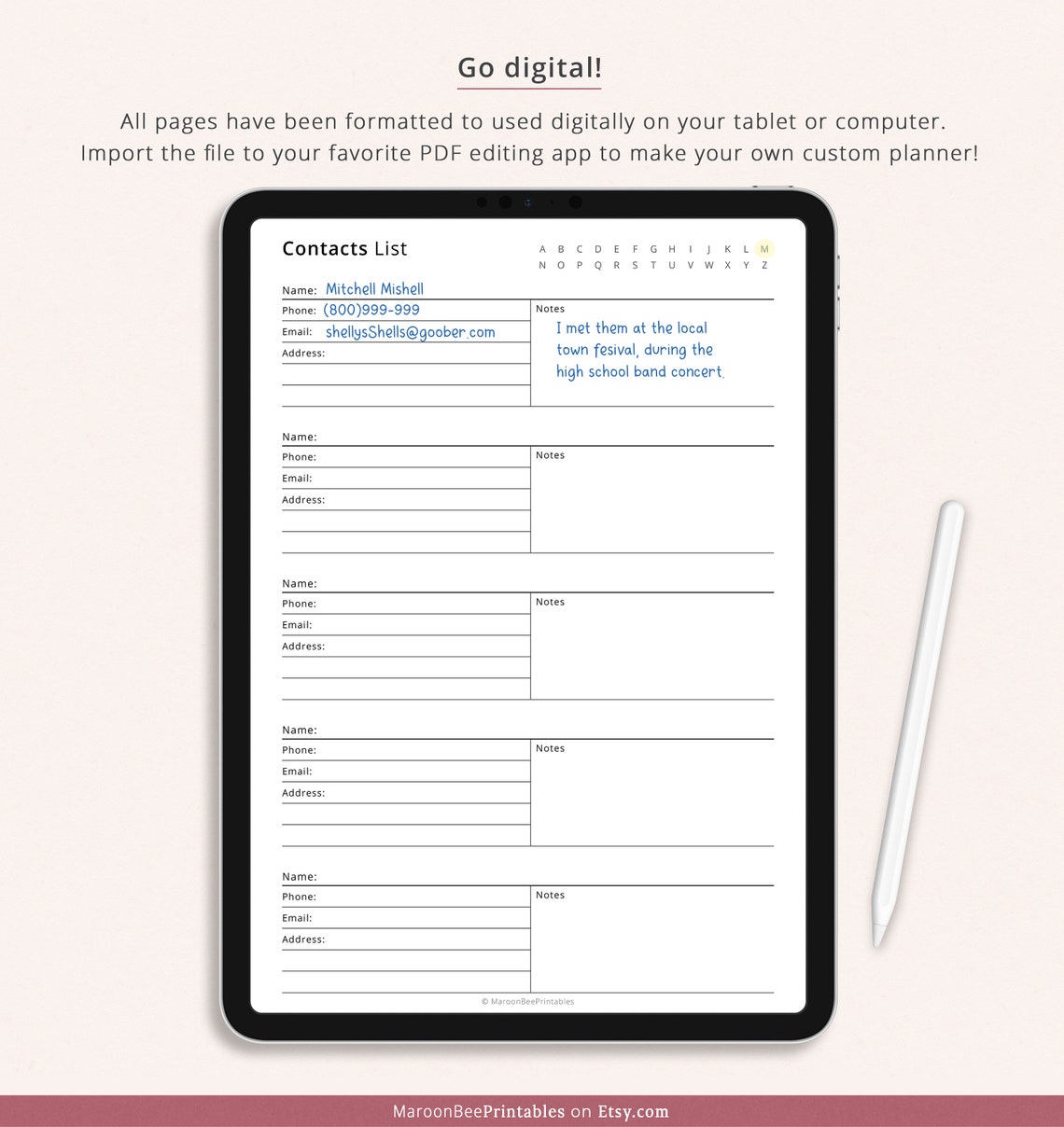 Editable Contacts List Fillable Address Book Contacts Etsy