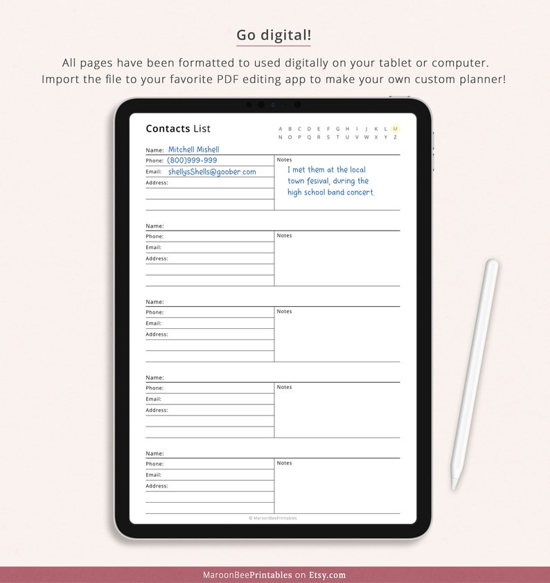 Editable Contacts List Fillable Address Book Contacts Etsy
