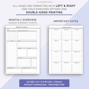 May include: A printable monthly planner with a calendar, important dates, goals, to-do lists, and bills to pay sections. The planner is formatted for double-sided printing with left and right side-hole punching options. The planner is A5 size, 5.8 x 8.3 inches.