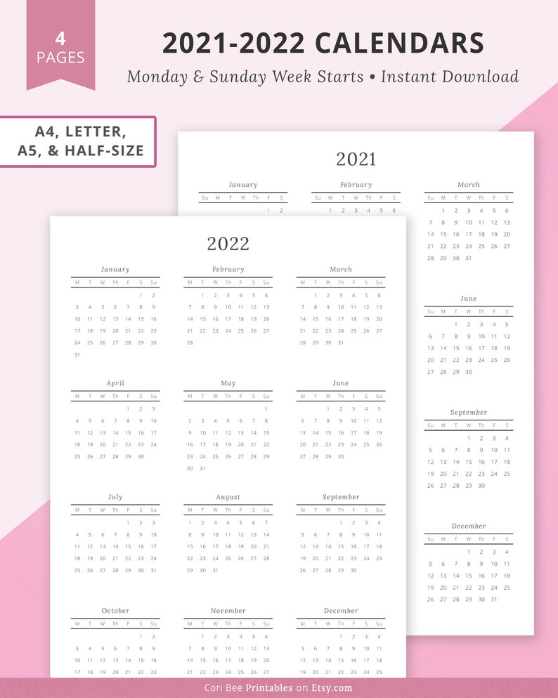 2021 2022 Calendar 2021 2022 Yearly Calendar 2022 2021 Year | Etsy