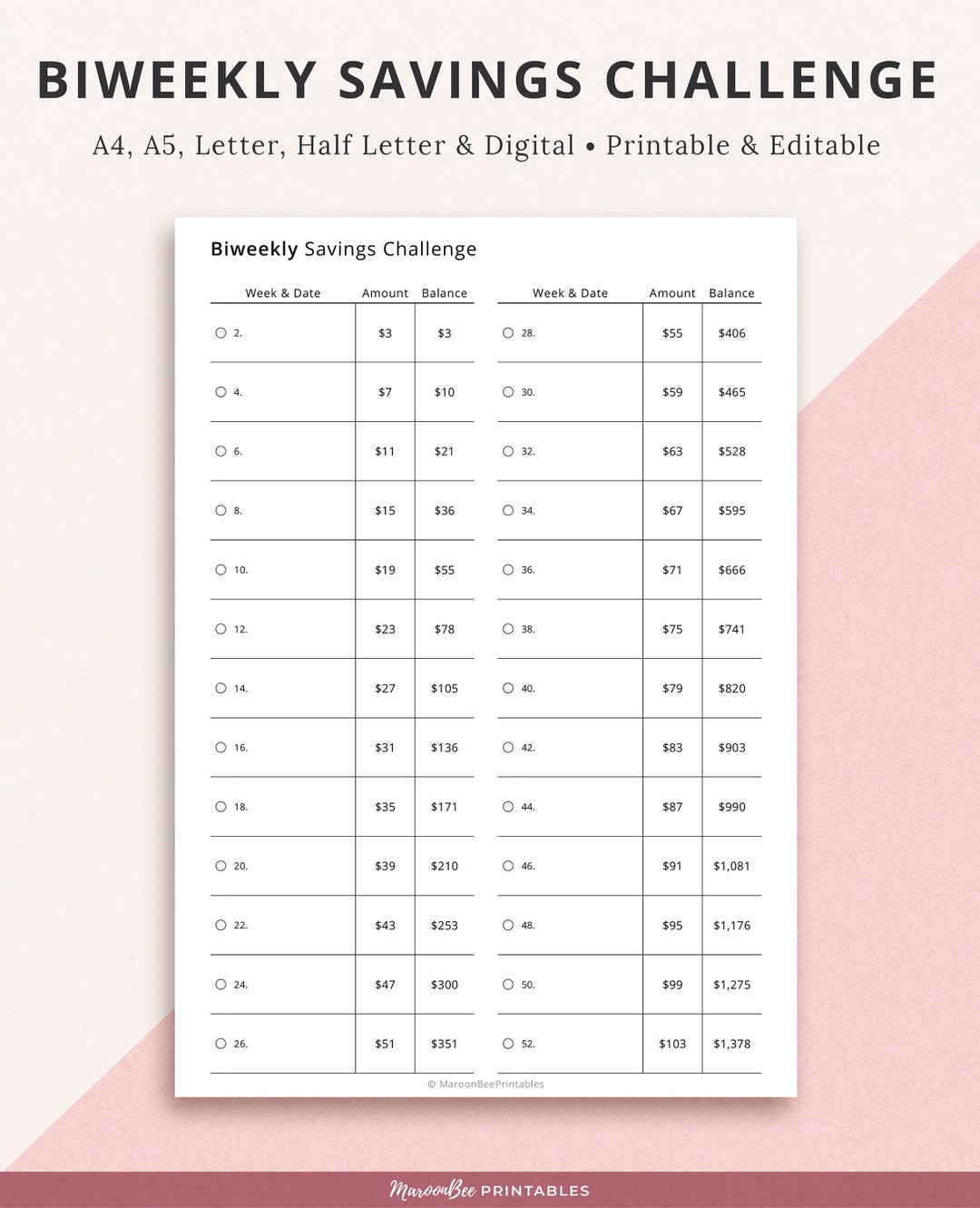 Editable Biweekly Savings Challenge Printable, Fillable Financial ...