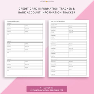 May include: Printable PDF document with a black and white design. The document is divided into two sections: Credit Card Information and Bank Account Information. Each section has a table with columns for card name, card type, card number, expiry date, security code, credit limit, interest rate, and notes. The document is titled "Credit Card Information Tracker & Bank Account Information Tracker".