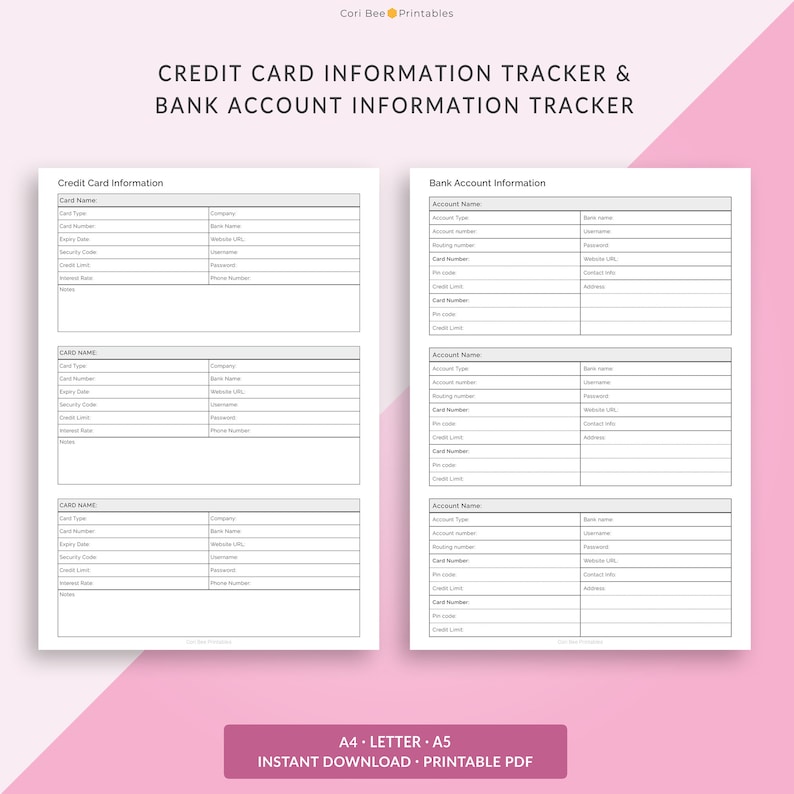 May include: Printable PDF document with a black and white design. The document is divided into two sections: Credit Card Information and Bank Account Information. Each section has a table with columns for card name, card type, card number, expiry date, security code, credit limit, interest rate, and notes. The document is titled "Credit Card Information Tracker & Bank Account Information Tracker".