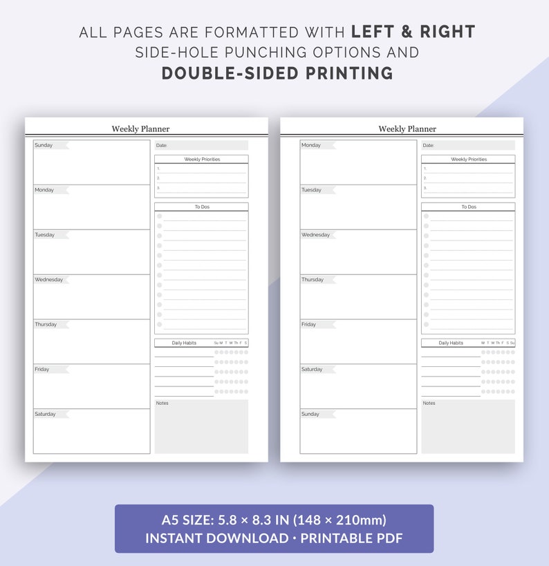 A5 Weekly Planner Printable Undated Weekly Inserts Weekly - Etsy