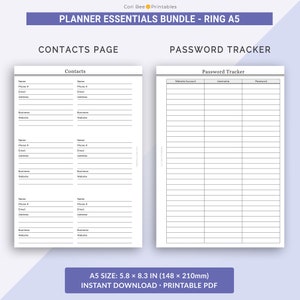 May include: Printable planner pages for contacts and password tracking. The pages are designed for a ring binder and are sized 5.8 x 8.3 inches (148 x 210 mm).