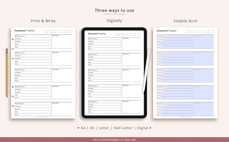 Editable Password Tracker, Online Account Tracker, Password Log, Password Organizer, Username Tracker, Planner Inserts | A4 A5 Letter Half image 6