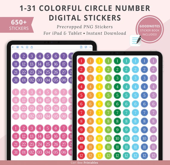 Colorful 1-31 Circle Number Digital Stickers, 1-31 Date Stickers, 1-31 Number  Stickers, Digital Planner Stickers, Goodnotes PNG Stickers 