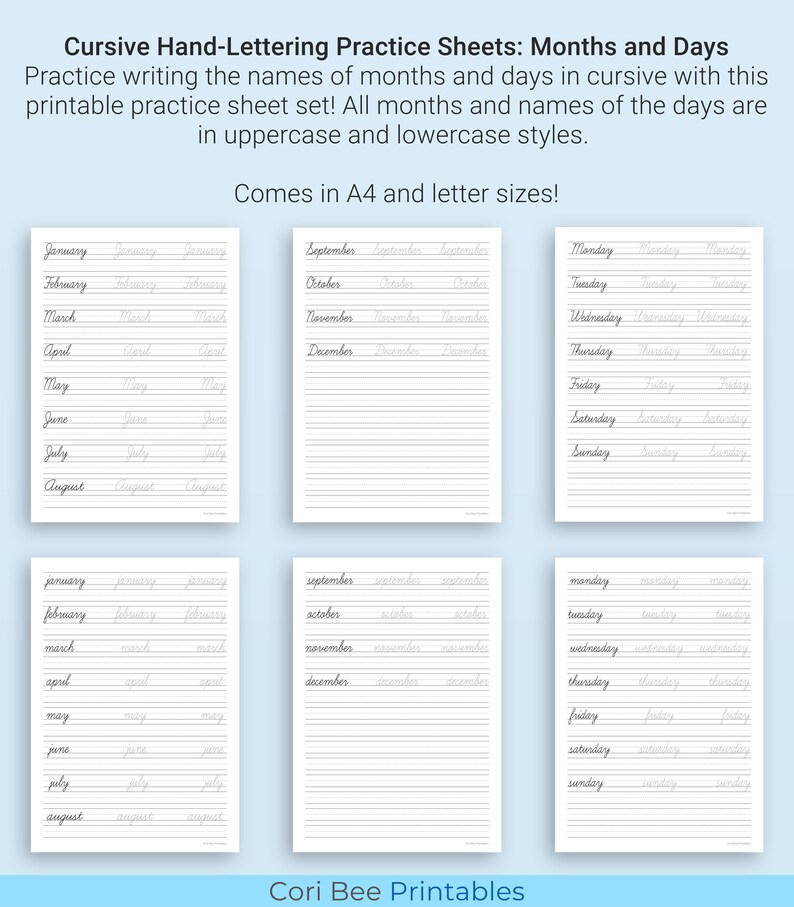 Cursive Days and Months Practice Sheets Printable Pack | Etsy