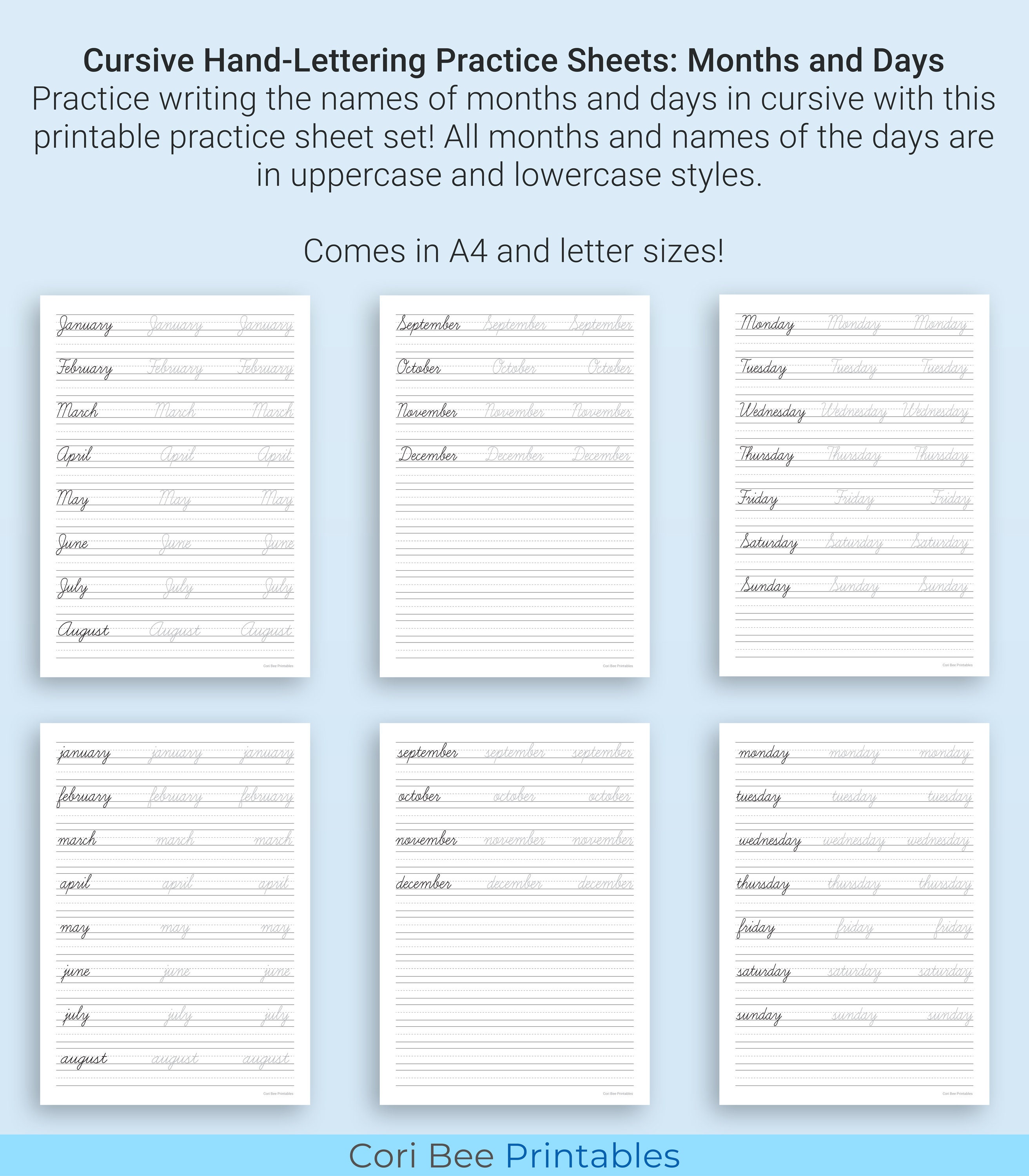 Cursive Days and Months Practice Sheets Printable Pack | Etsy