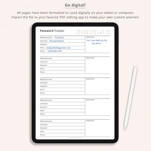 May include: A digital printable password tracker with a black and white design. The tracker has sections for website account, username, password, email, phone, and notes/hints. The first entry is filled out with the website account "Facebook", username "Mitchell Mishell", and a hint "Hint sea shells by the sea shore".