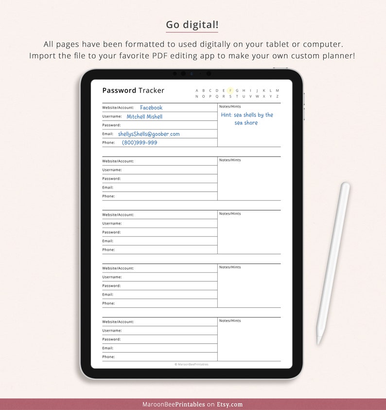 May include: A digital printable password tracker with a black and white design. The tracker has sections for website account, username, password, email, phone, and notes/hints. The first entry is filled out with the website account "Facebook", username "Mitchell Mishell", and a hint "Hint sea shells by the sea shore".