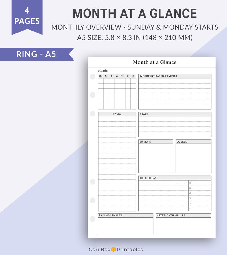 A5 Month at a Glance Monthly Overview Undated Monthly - Etsy