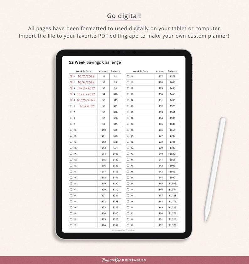 52 Week Savings Challenge Printable Insert, Financial Planner Page ...