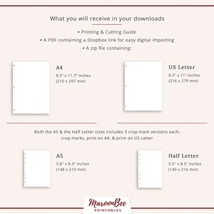 May include: A printable planner page template in four different sizes: A4, US Letter, A5, and Half Letter. The image shows the page layouts in each size, with dotted lines and crop marks for easy printing and cutting.