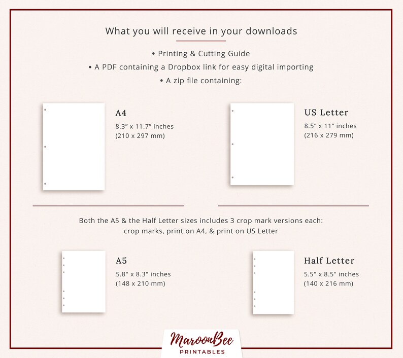 May include: A printable planner page template in four different sizes: A4, US Letter, A5, and Half Letter. The image shows the page layouts in each size, with dotted lines and crop marks for easy printing and cutting.