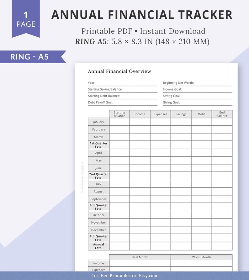 Puede incluir: Un rastreador financiero anual imprimible en tama&ntilde;o A5 (14,7 x 21 cm) con un dise&ntilde;o en blanco y negro. El rastreador incluye secciones para una descripci&oacute;n general financiera anual, ingresos mensuales, gastos, ahorros, deudas y saldo final. Tambi&eacute;n incluye secciones para totales trimestrales y totales anuales.