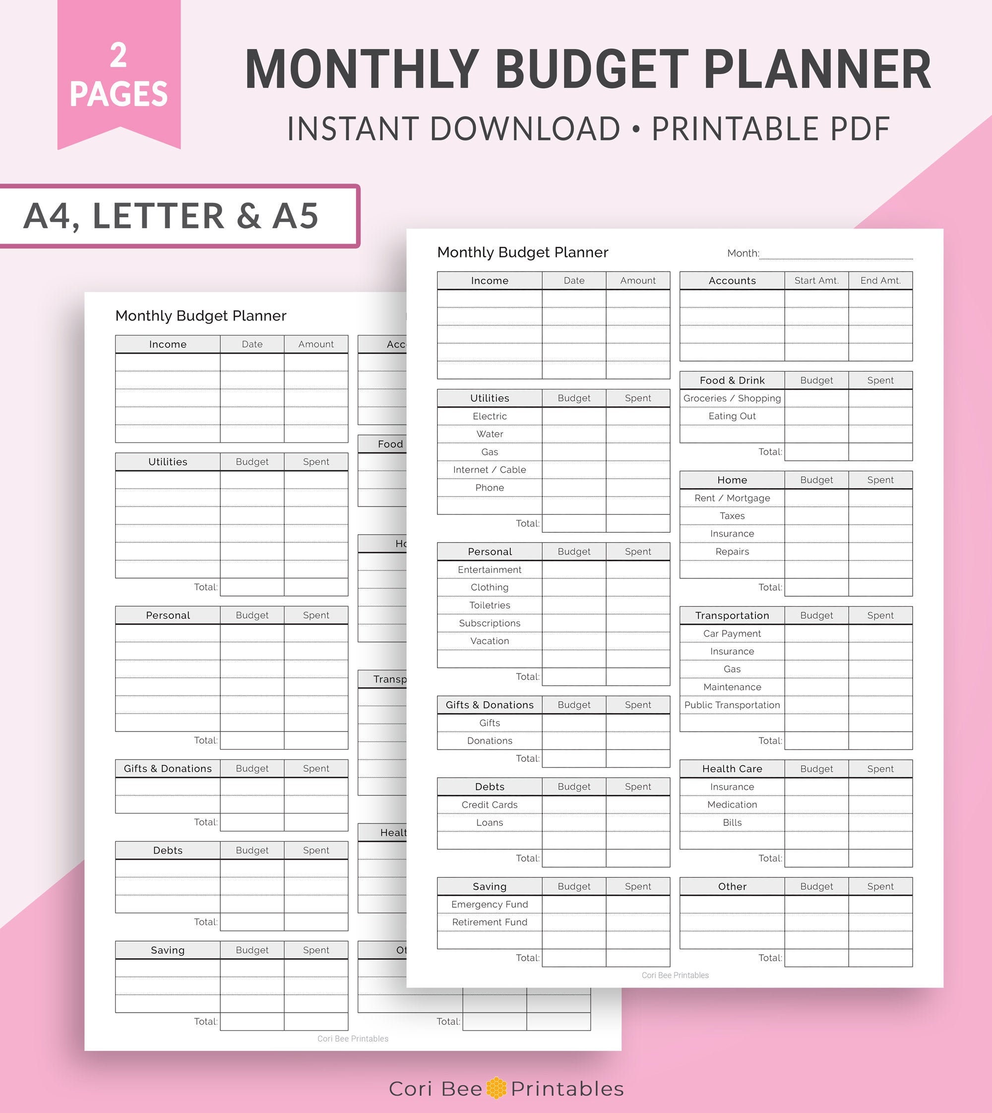 Monthly Budget Planner, Financial Tracker, Finance Planner, Budget Planner,  Budget Tracker, Printable Planner Inserts | A4 Letter A5