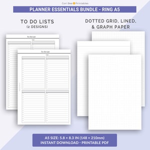May include: Printable planner pages in A5 size (5.8 x 8.3 inches). The pages include two to-do list designs, dotted grid, lined, and graph paper.