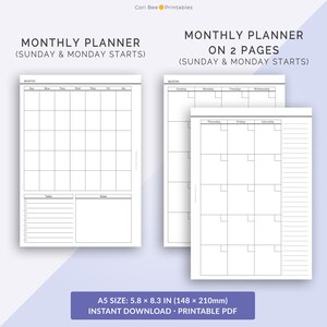 May include: Printable monthly planner template in black and white. The planner is designed for a month that starts on Sunday or Monday. The planner is divided into two pages, with each page showing a full month. The planner includes space for tasks and notes.