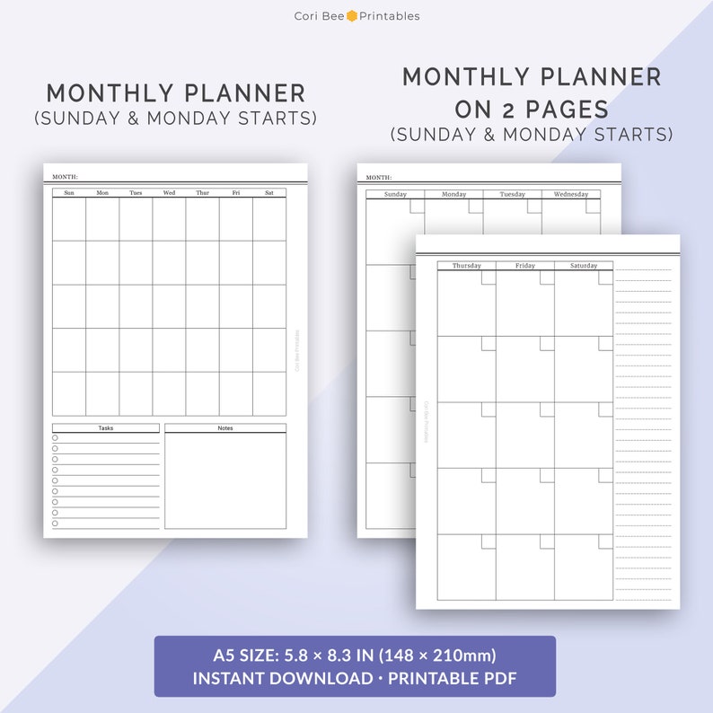May include: Printable monthly planner template in black and white. The planner is designed for a month that starts on Sunday or Monday. The planner is divided into two pages, with each page showing a full month. The planner includes space for tasks and notes.