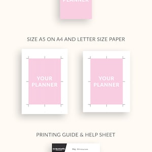 Puede incluir: Un planificador imprimible en tama&ntilde;o A5 con un fondo rosa y el texto "Your Planner" en blanco. La imagen tambi&eacute;n incluye una gu&iacute;a de impresi&oacute;n y una hoja de ayuda con instrucciones sobre c&oacute;mo imprimir el planificador.