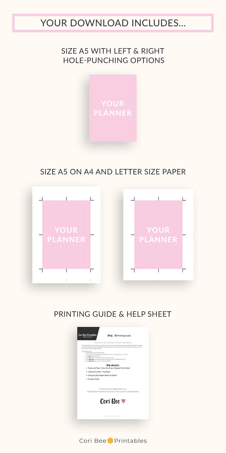 Puede incluir: Un planificador imprimible en tama&ntilde;o A5 con un fondo rosa y el texto "Your Planner" en blanco. La imagen tambi&eacute;n incluye una gu&iacute;a de impresi&oacute;n y una hoja de ayuda con instrucciones sobre c&oacute;mo imprimir el planificador.