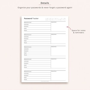 Editable Password Tracker, Online Account Tracker, Password Log, Password Organizer, Username Tracker, Planner Inserts | A4 A5 Letter Half image 2