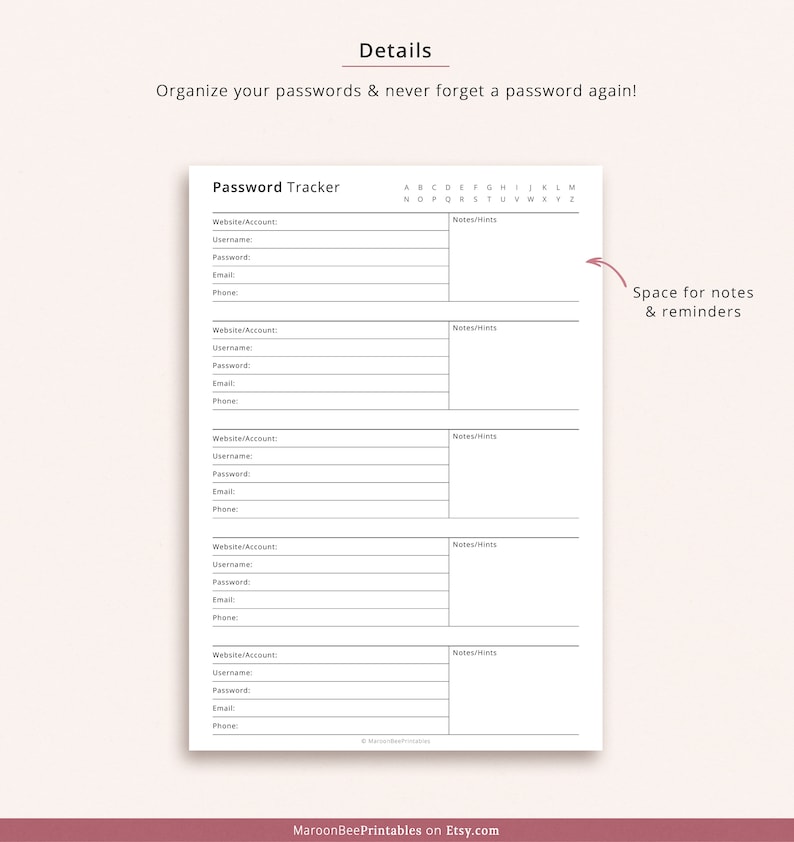 Editable Password Tracker, Online Account Tracker, Password Log, Password Organizer, Username Tracker, Planner Inserts | A4 A5 Letter Half image 2