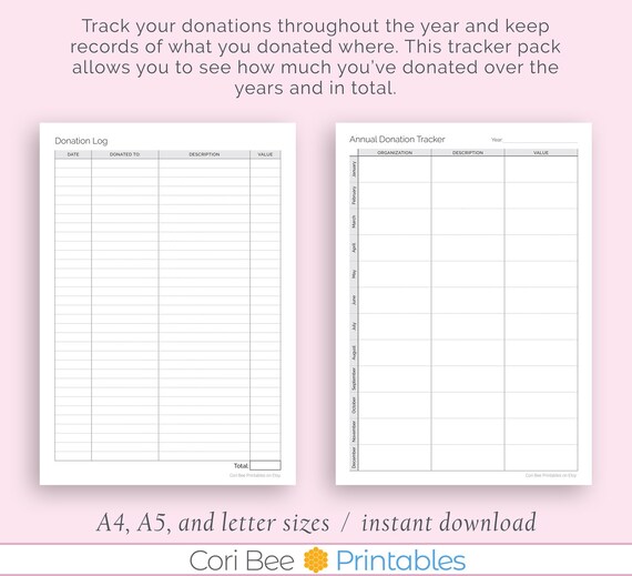 donation tracker printable set a4 a5 and letter donation log annual donation tracker charity contribution list gift tracker donation tracker