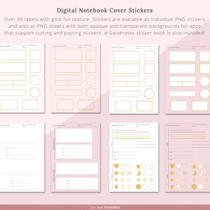 May include: Digital notebook cover stickers with gold foil texture. The stickers are available as individual PNG files and as PNG sheets with opaque and transparent backgrounds. The stickers can be used in apps that support cutting and pasting stickers. A Goodnotes sticker book is also included.