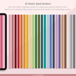 May include: 25 digital planner stickers featuring colorful elastic bands. Each sticker is a PNG file and can be used for both portrait and landscape planner covers.