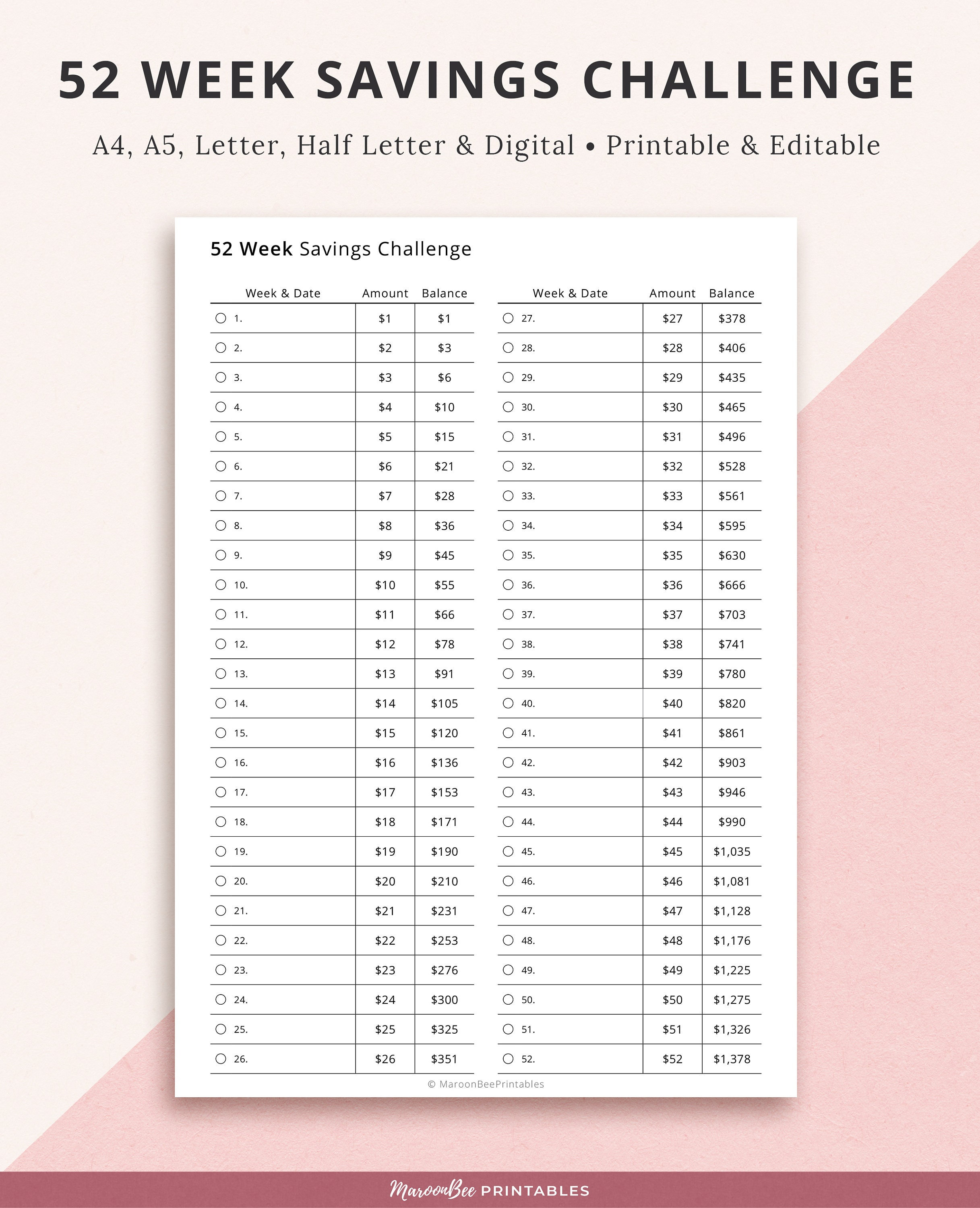52 Week Savings Challenge Printable Insert, Financial Planner Page ...