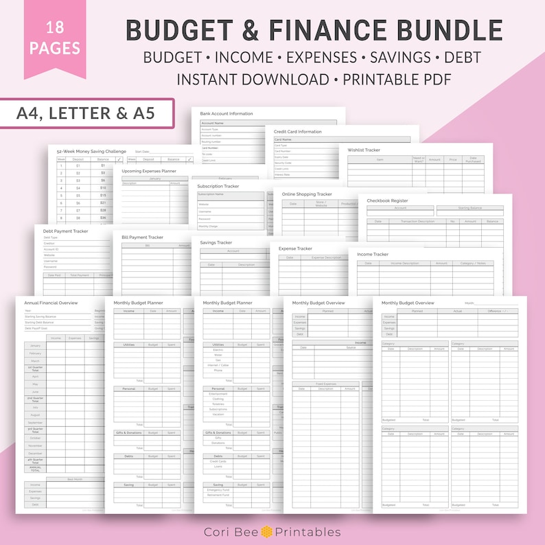 May include: A printable budget and finance bundle with 18 pages. The bundle includes trackers for bank accounts, credit cards, subscriptions, online shopping, checkbook, bills, savings, expenses, income, and monthly budget overviews. The pages are designed in black and white with a simple, clean layout.